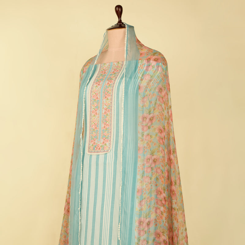 Aqua Blue Muslin Printed Suit with Chiffon Printed Dupatta
