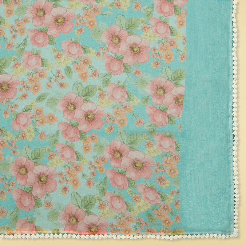 Aqua Blue Muslin Printed Suit with Chiffon Printed Dupatta