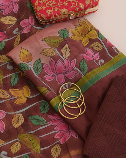Brown Maheshwari Kalamkari Printed Suit with Dupatta