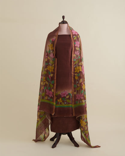 Brown Maheshwari Kalamkari Printed Suit with Dupatta