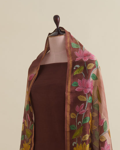 Brown Maheshwari Kalamkari Printed Suit with Dupatta