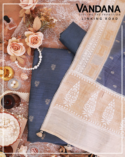 Bluish Grey Muga Tussar Suit with Thread Emb Buti Dupatta & Silk Bottom