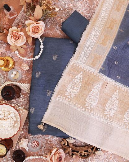 Bluish Grey Muga Tussar Suit with Thread Emb Buti Dupatta & Silk Bottom