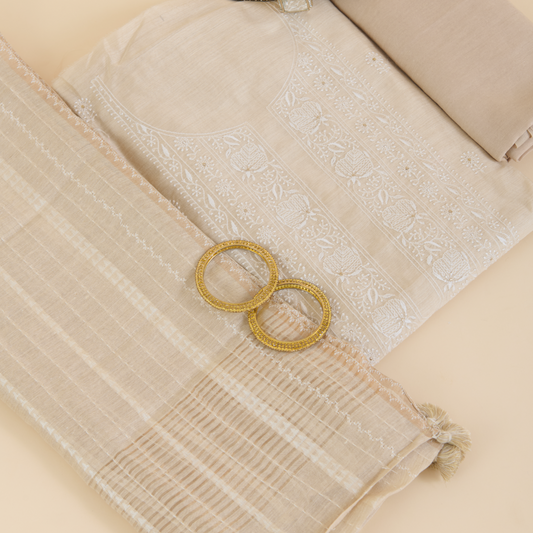 Beige Muga Silk Thread Embroidered Suit with Woven Dupatta