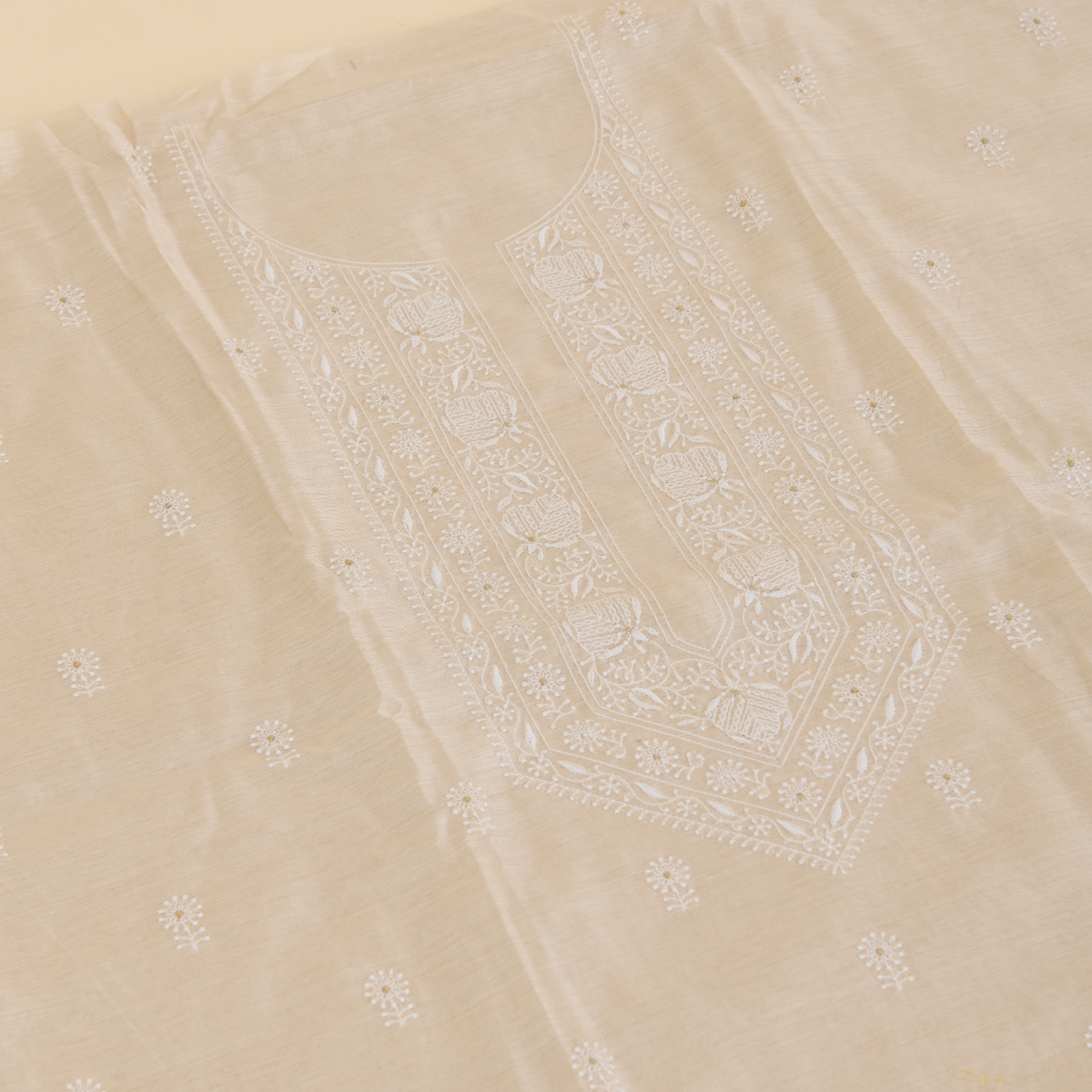 Beige Muga Silk Thread Embroidered Suit with Woven Dupatta