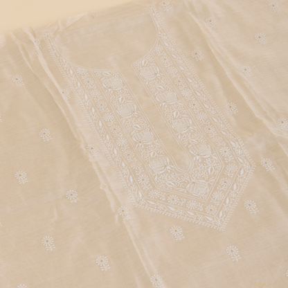 Beige Muga Silk Thread Embroidered Suit with Woven Dupatta
