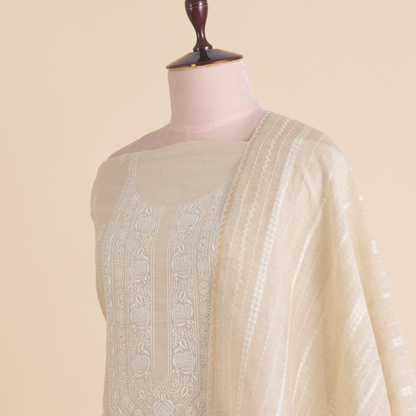 Beige Muga Silk Thread Embroidered Suit with Woven Dupatta