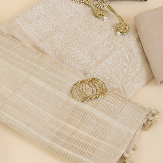 Beige Muga Silk Suit with Thread Buti & Woven Dupatta