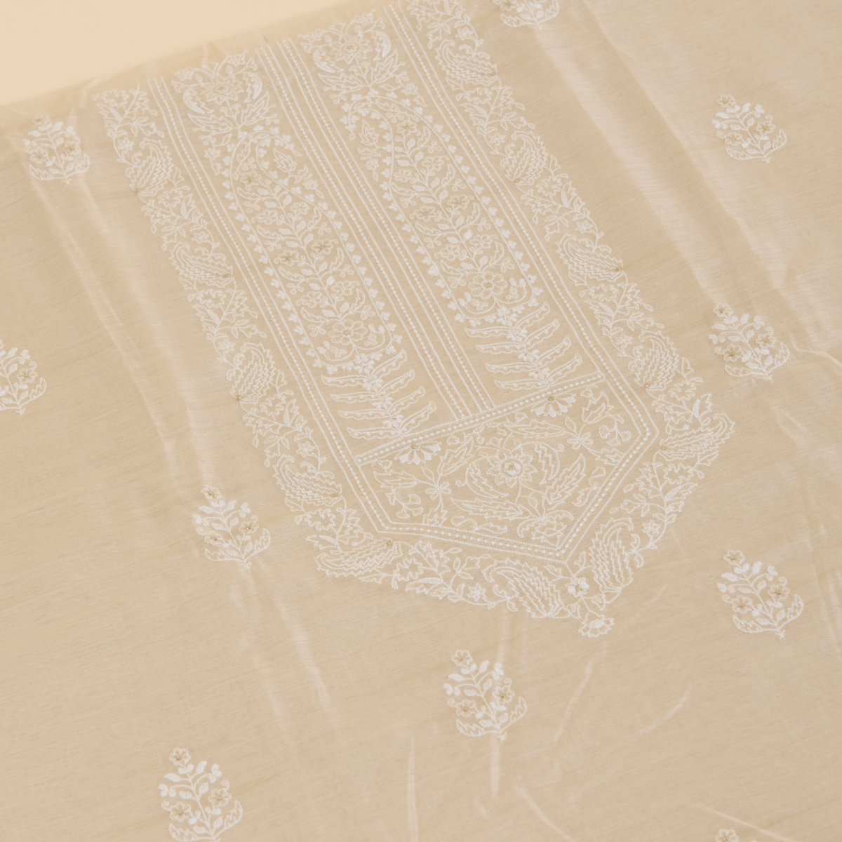 Beige Muga Silk Suit with Thread Buti & Woven Dupatta