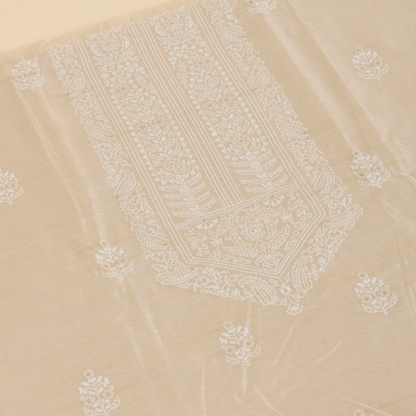 Beige Muga Silk Suit with Thread Buti & Woven Dupatta