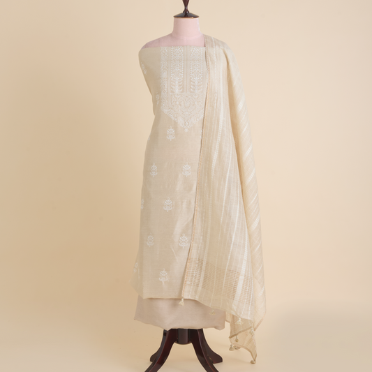Beige Muga Silk Suit with Thread Buti & Woven Dupatta