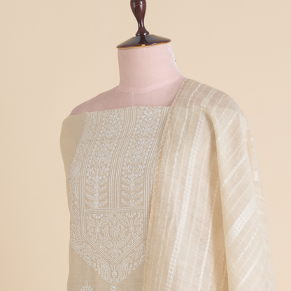Beige Muga Silk Suit with Thread Buti & Woven Dupatta