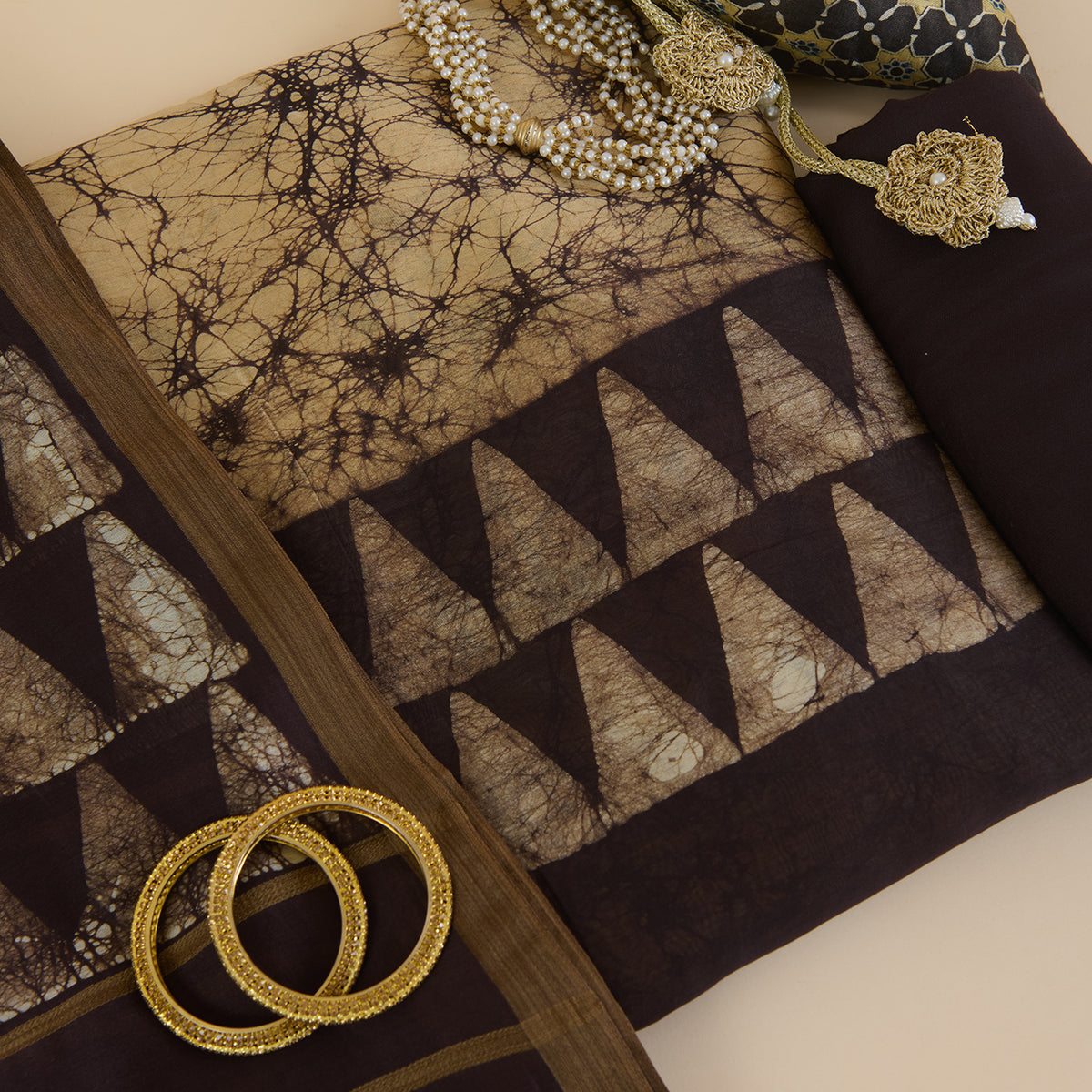 Black Maheshwari Batik Printed Kurta with Dupatta