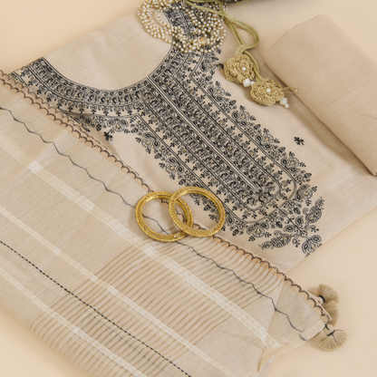 Beige Black Muga Silk Thread Embroidered Suit with Woven Dupatta