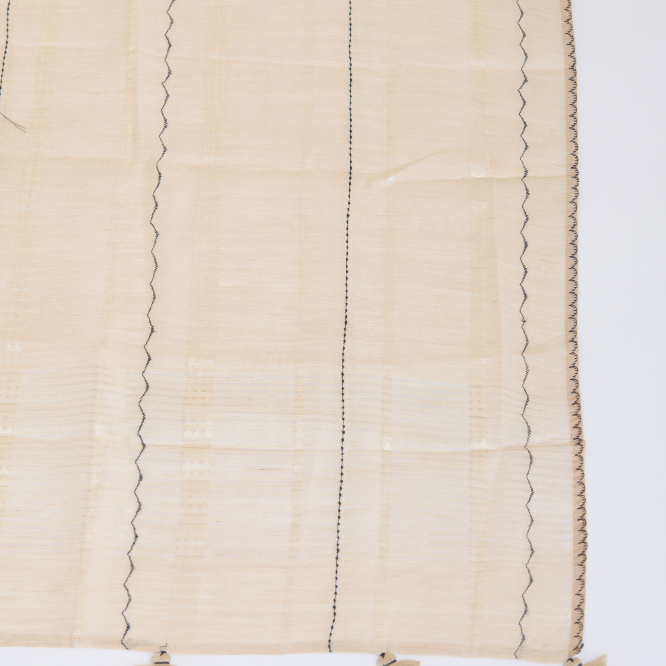 Beige Black Muga Silk Thread Embroidered Suit with Woven Dupatta