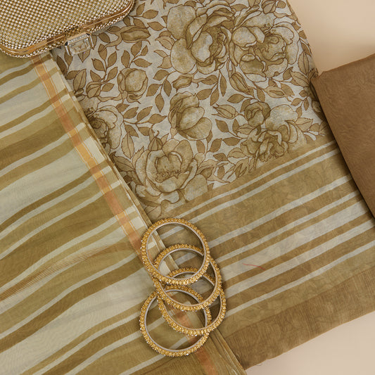 Beige Maheshwari Printed Kurta with Dupatta & Shantoon Bottom