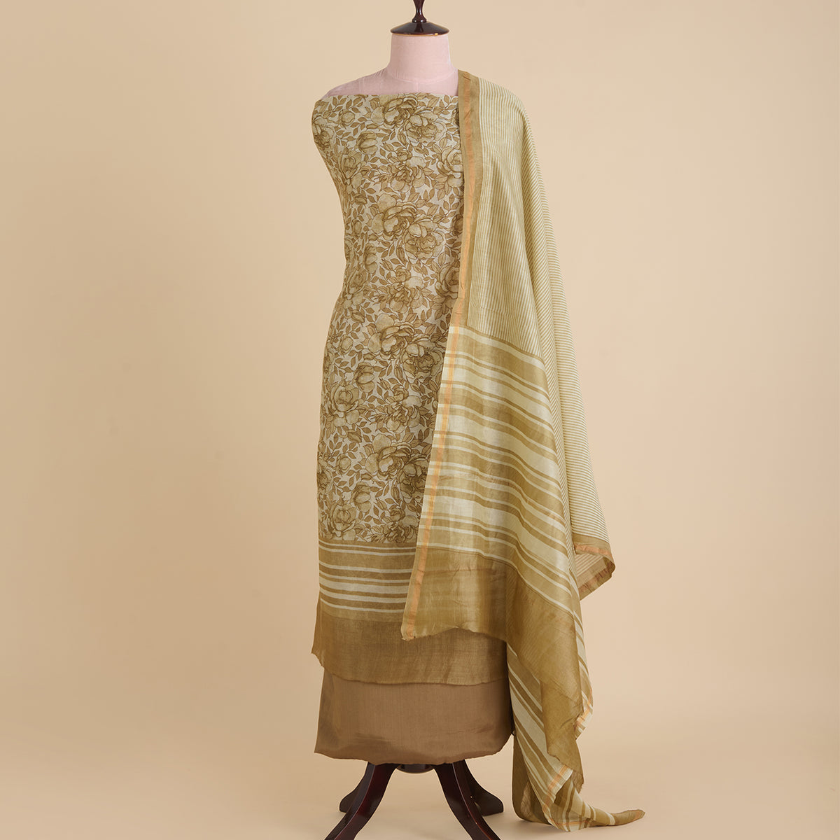 Beige Maheshwari Printed Kurta with Dupatta & Shantoon Bottom