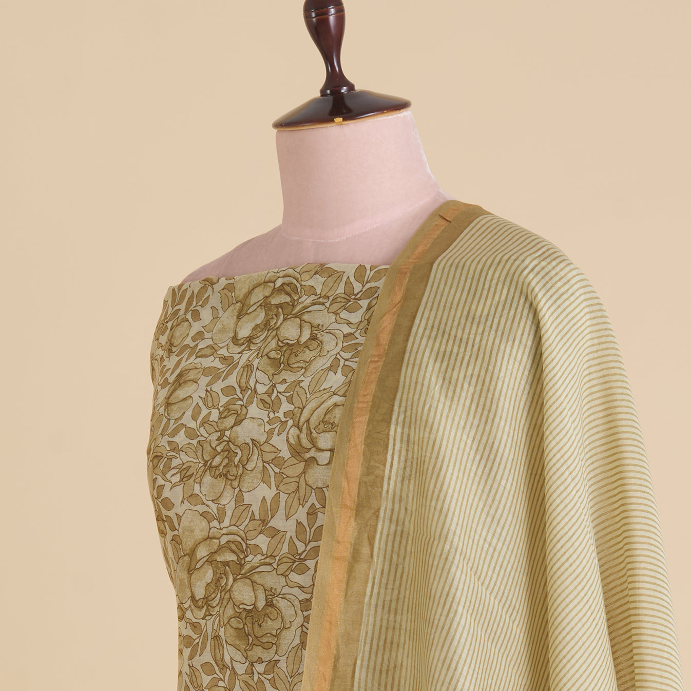 Beige Maheshwari Printed Kurta with Dupatta & Shantoon Bottom