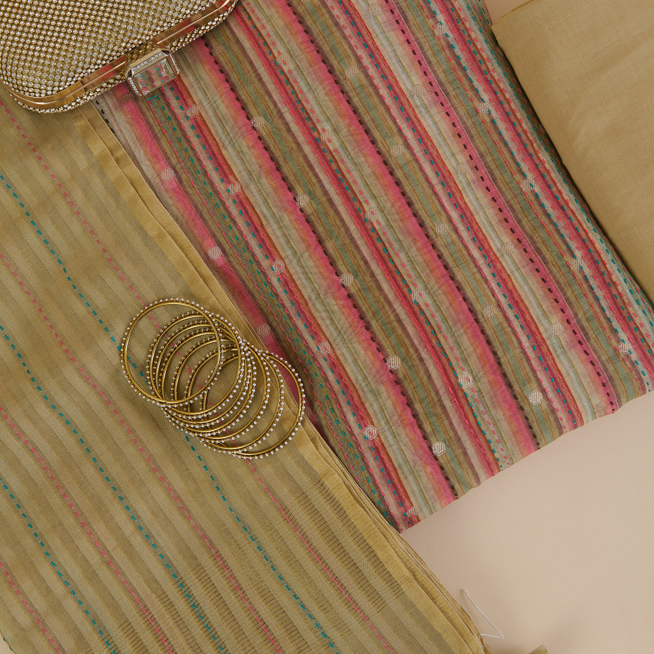 Beige Maheshwari Printed Woven Kurta with Katha Stitch Embroidery