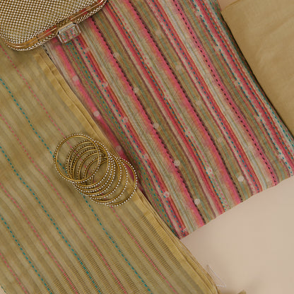 Beige Maheshwari Printed Woven Kurta with Katha Stitch Embroidery