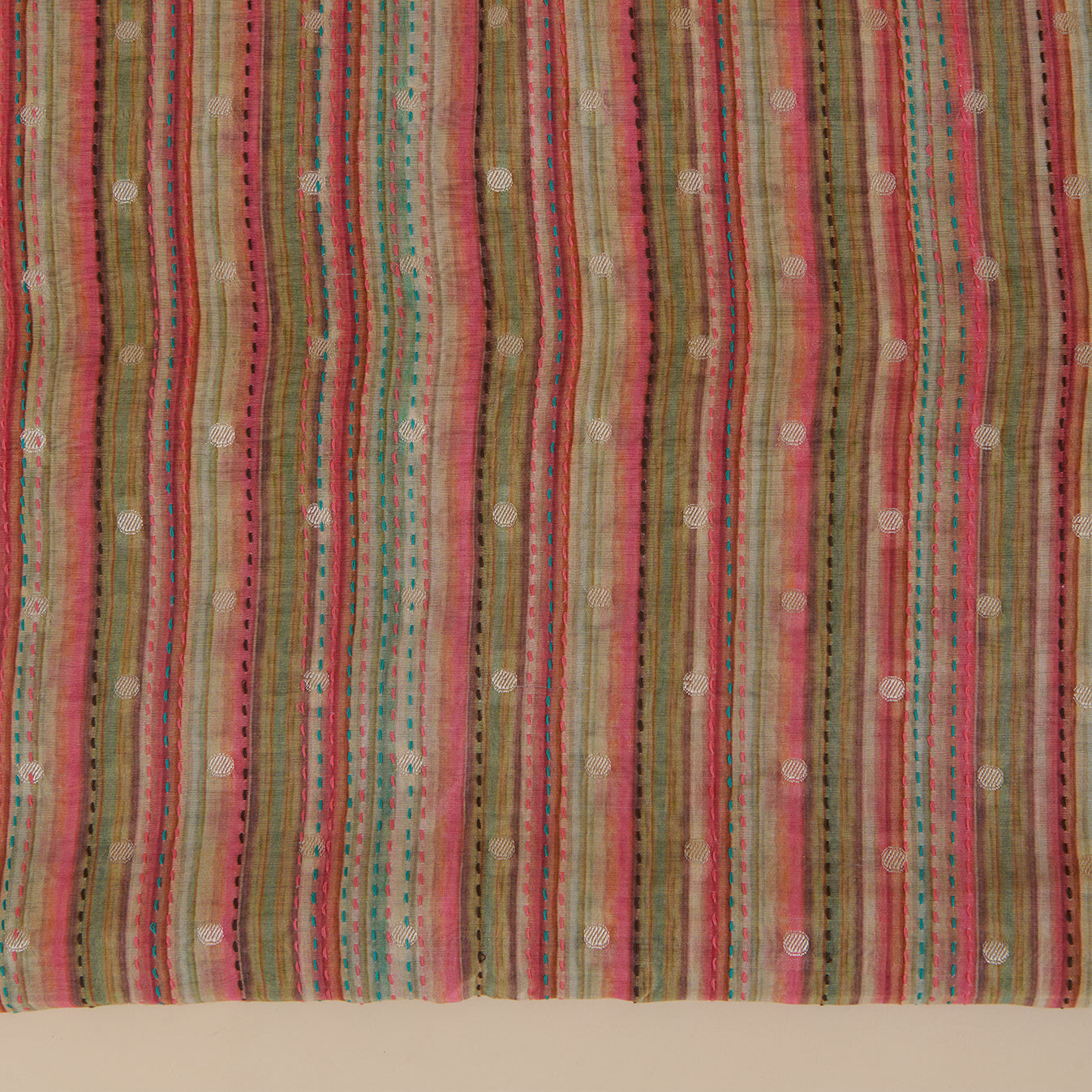 Beige Maheshwari Printed Woven Kurta with Katha Stitch Embroidery
