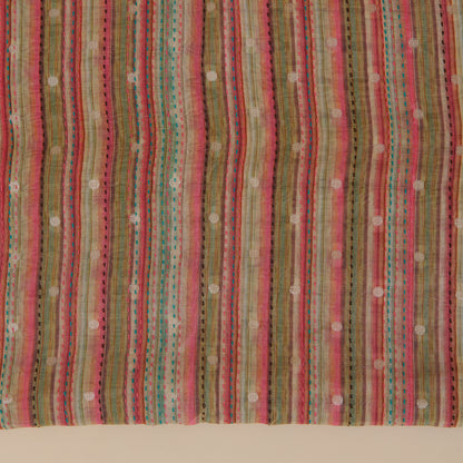 Beige Maheshwari Printed Woven Kurta with Katha Stitch Embroidery