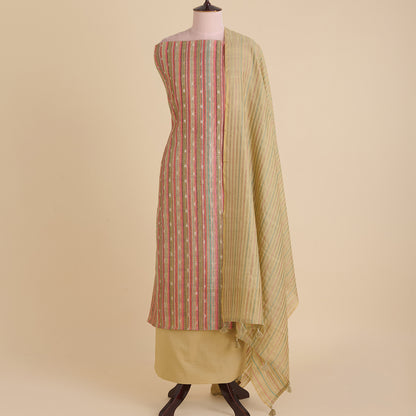 Beige Maheshwari Printed Woven Kurta with Katha Stitch Embroidery