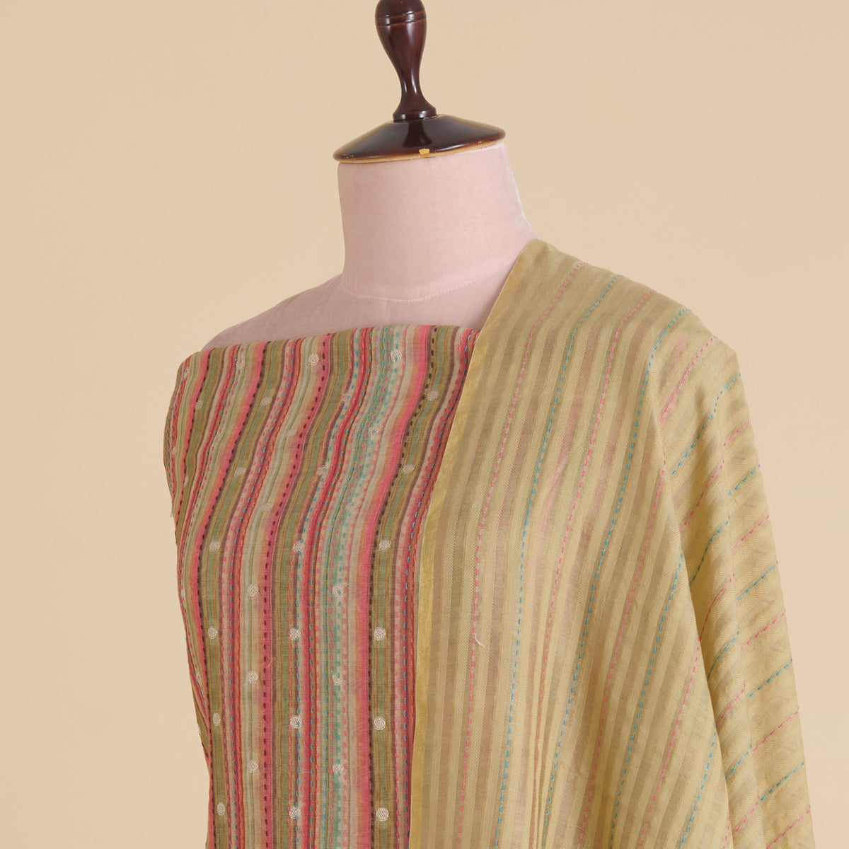 Beige Maheshwari Printed Woven Kurta with Katha Stitch Embroidery