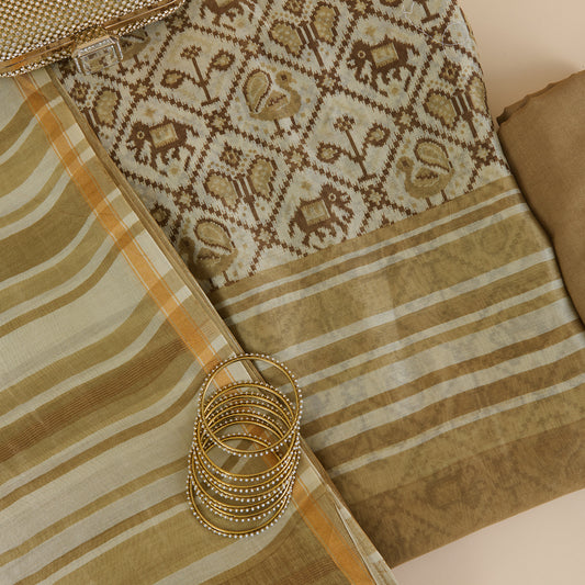Beige Maheshwari Printed Kurta with Dupatta & Shantoon Bottom