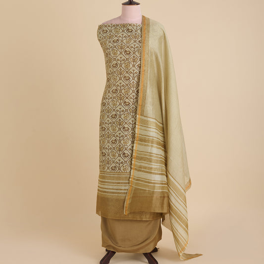 Beige Maheshwari Printed Kurta with Dupatta & Shantoon Bottom