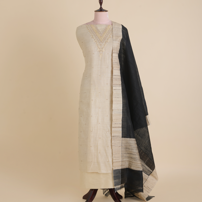Beige Black Muga Silk Checks Kurta Set with Zardozi Dupatta