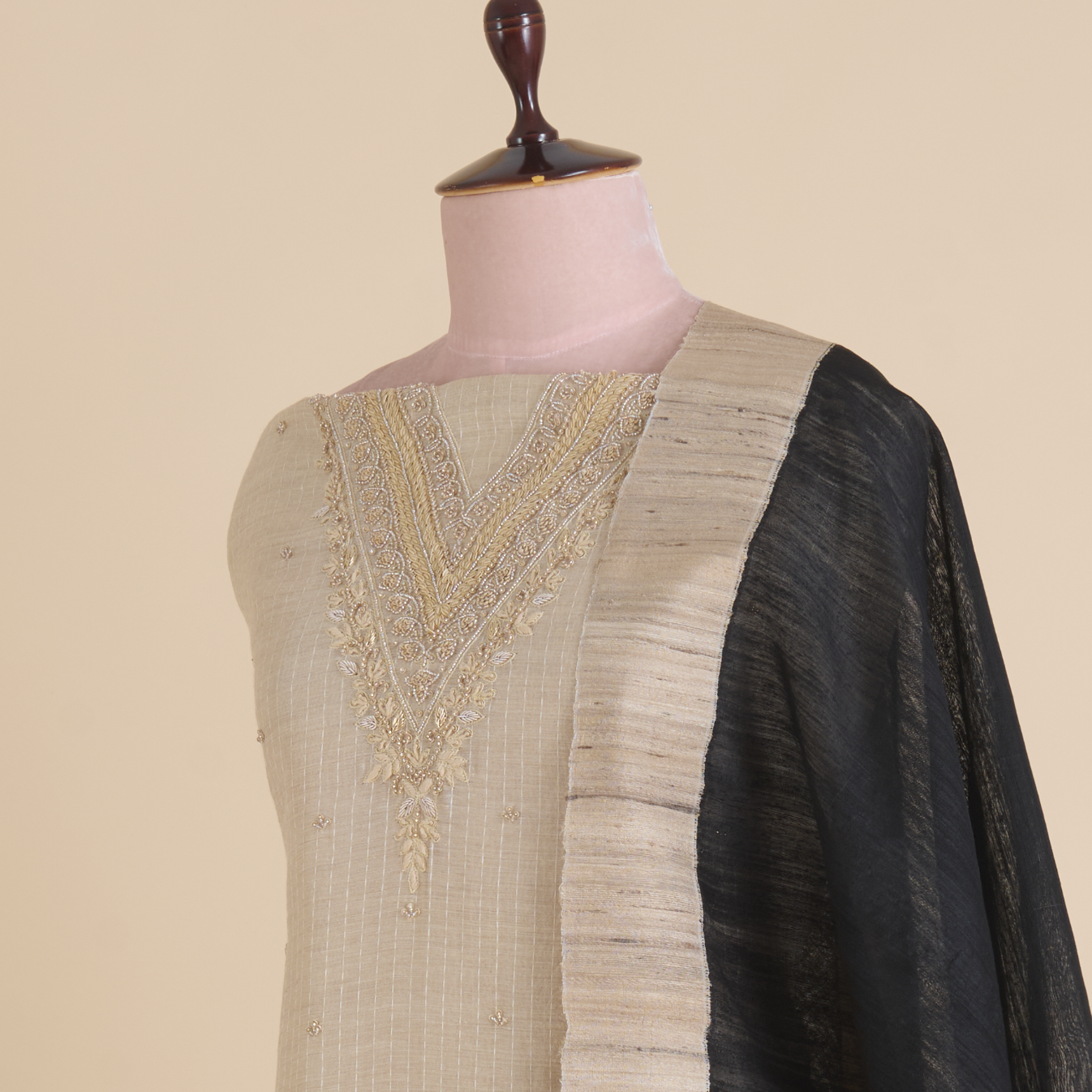 Beige Black Muga Silk Checks Kurta Set with Zardozi Dupatta