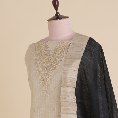 Beige Black Muga Silk Checks Kurta Set with Zardozi Dupatta