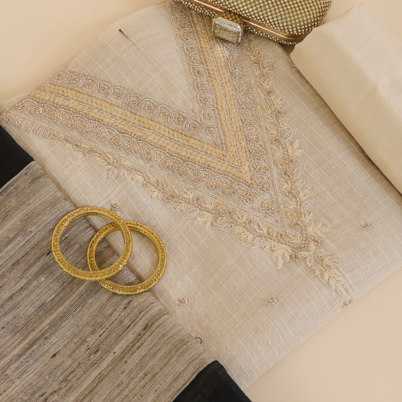 Beige Black Muga Silk Checks Kurta Set with Zardozi Dupatta