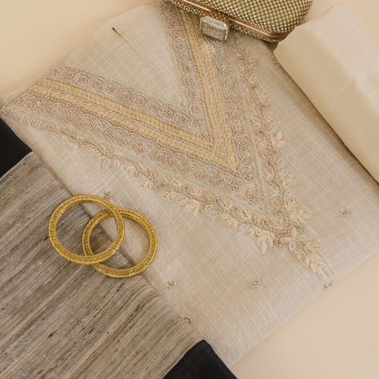 Beige Black Muga Silk Checks Kurta Set with Zardozi Dupatta
