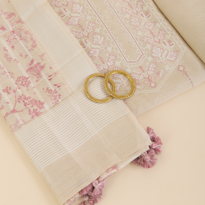 Beige Muga Silk Thread Embroidered Suit with Woven Dupatta