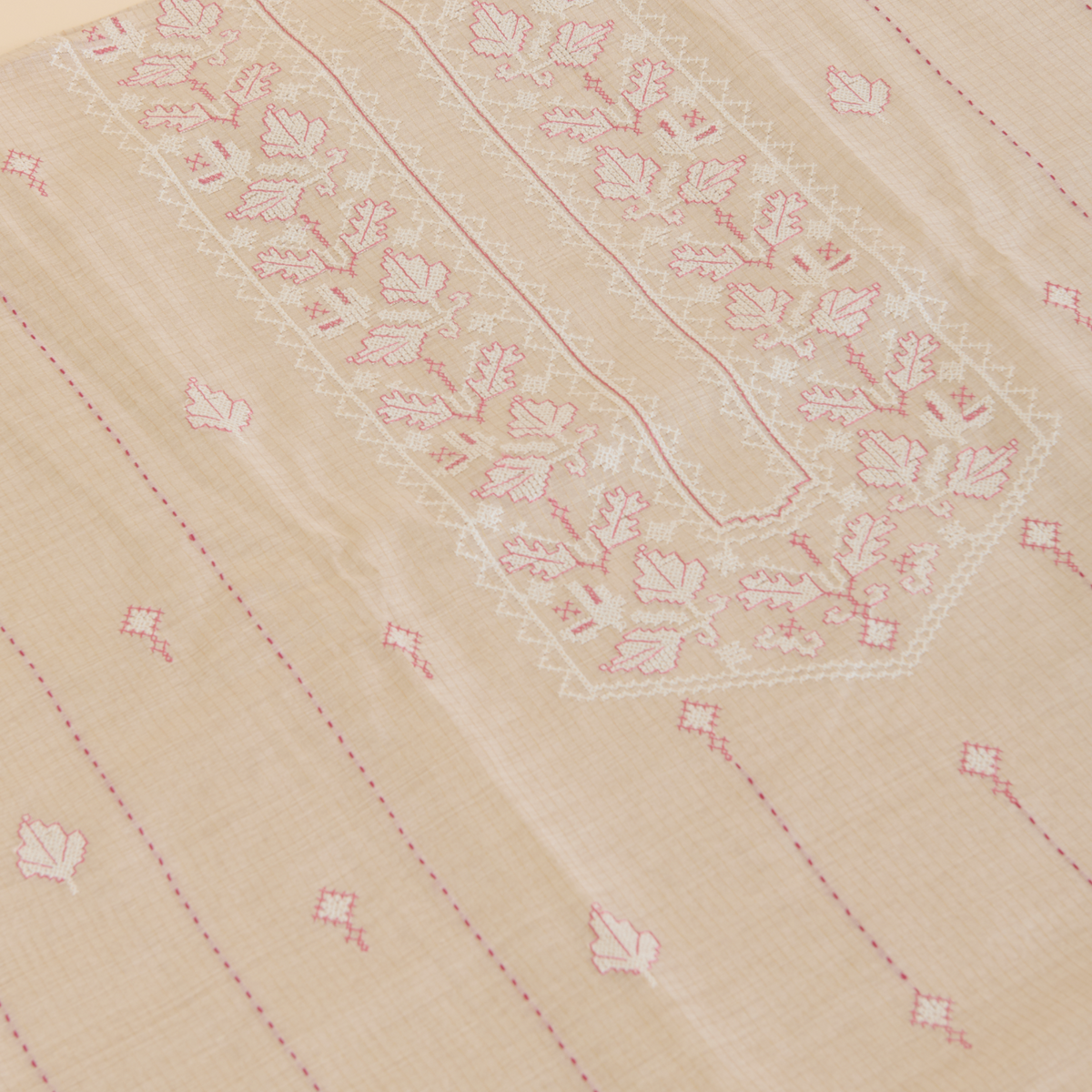 Beige Muga Silk Thread Embroidered Suit with Woven Dupatta