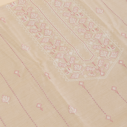 Beige Muga Silk Thread Embroidered Suit with Woven Dupatta
