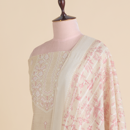 Beige Muga Silk Thread Embroidered Suit with Woven Dupatta