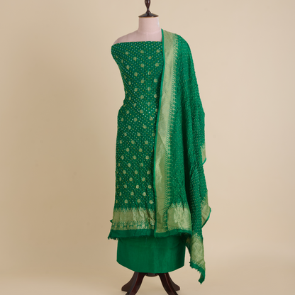 Bottle Green Muga Silk Bandhej Woven Suit Set
