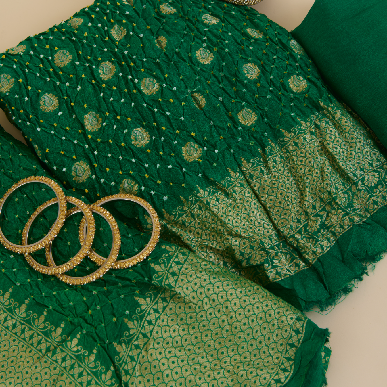 Bottle Green Muga Silk Bandhej Woven Suit Set