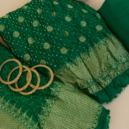 Bottle Green Muga Silk Bandhej Woven Suit Set