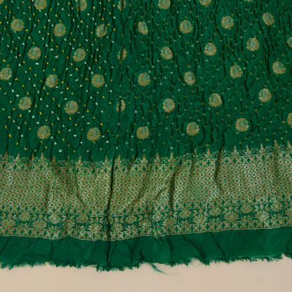 Bottle Green Muga Silk Bandhej Woven Suit Set