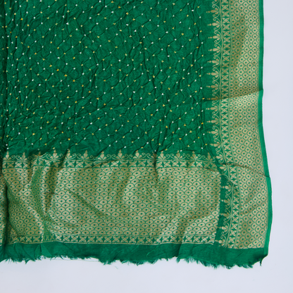 Bottle Green Muga Silk Bandhej Woven Suit Set