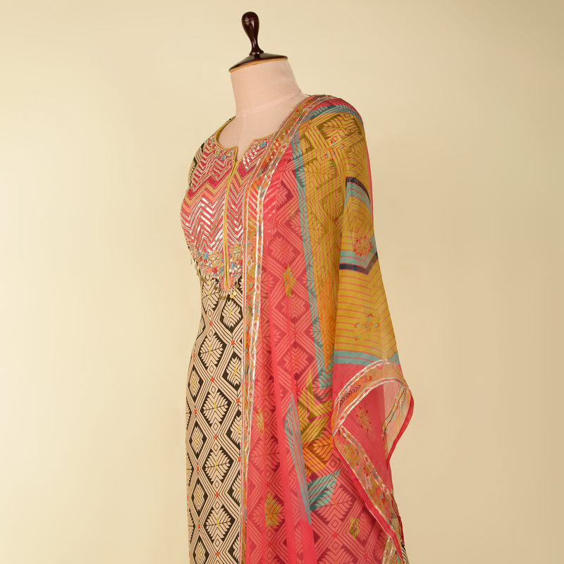 Beige Muslin Printed Suit with Embroidered Chiffon Dupatta – Vandana