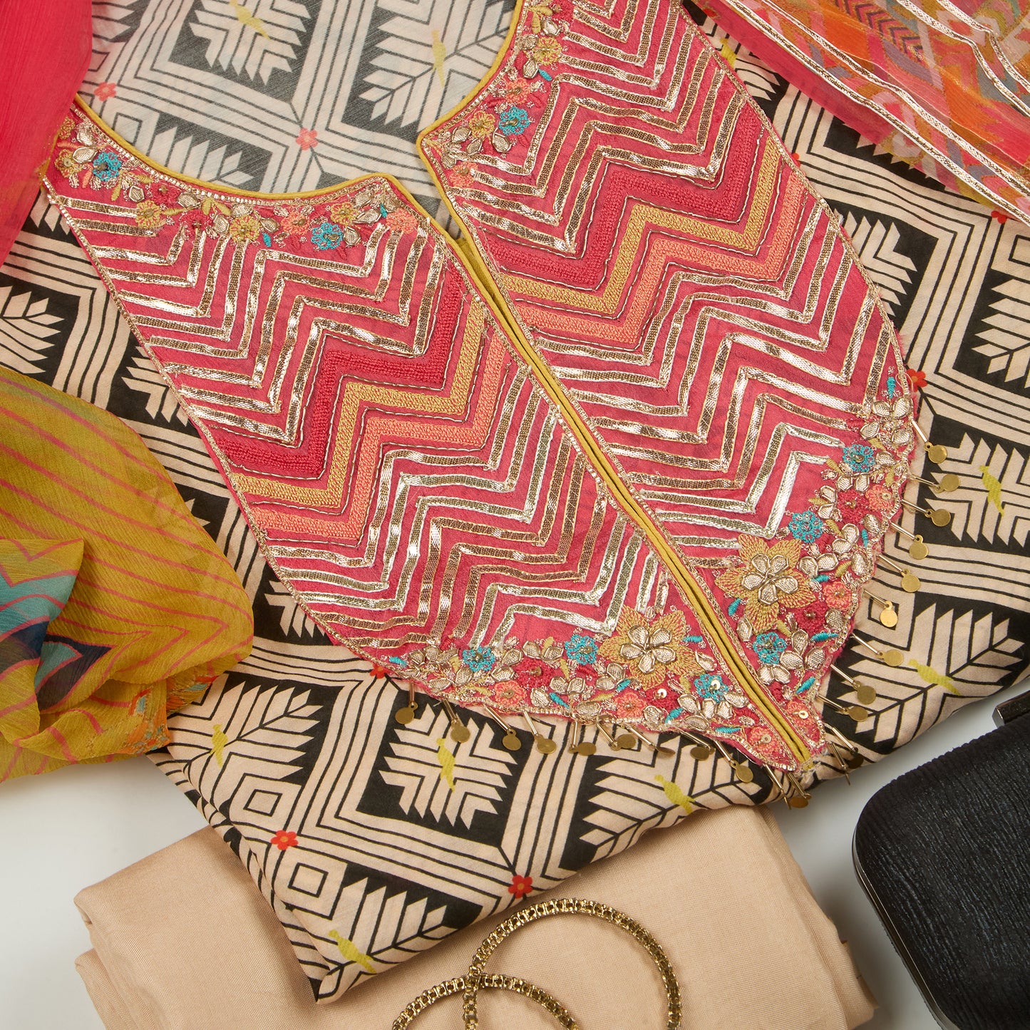 Beige Muslin Printed Suit with Embroidered Chiffon Dupatta – Vandana