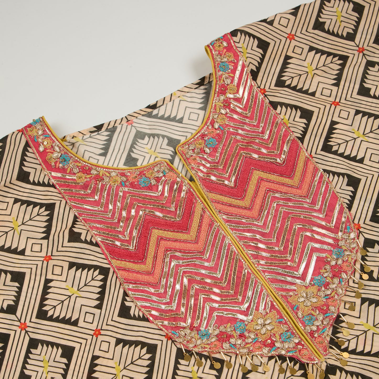 Beige Muslin Printed Suit with Embroidered Chiffon Dupatta – Vandana