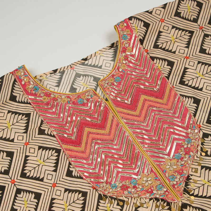 Beige Muslin Printed Suit with Embroidered Chiffon Dupatta – Vandana