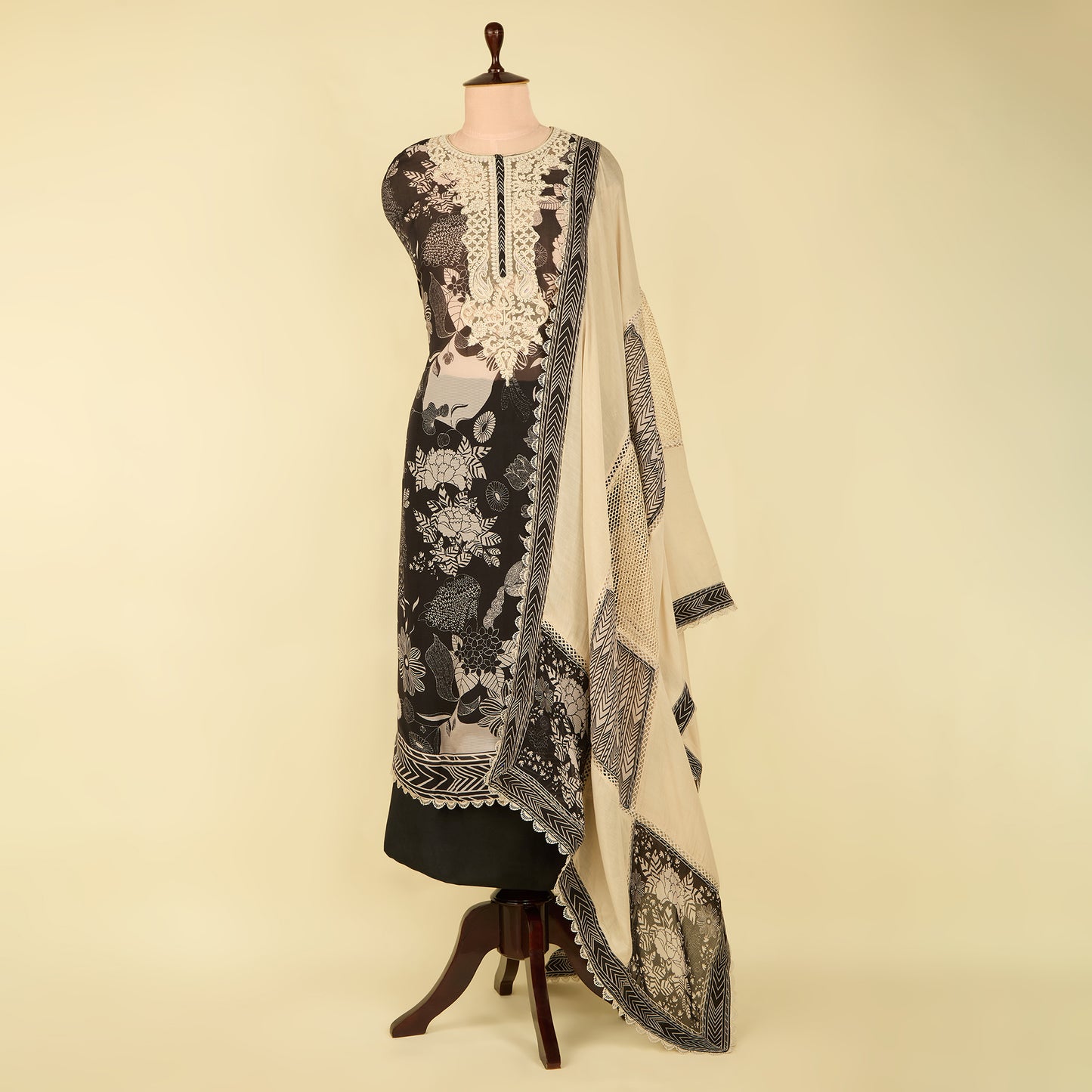Black Muslin Printed Suit with Embroidered Dupatta