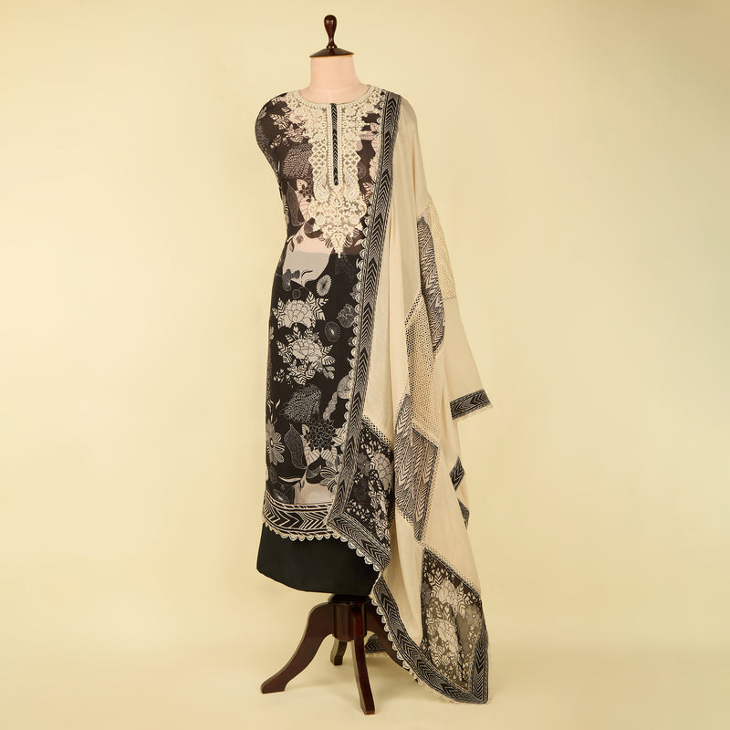 Black Muslin Printed Suit with Embroidered Dupatta